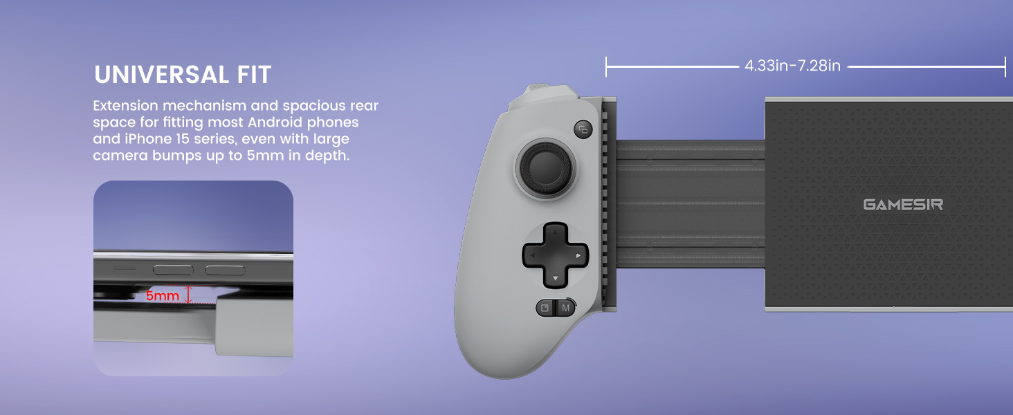Expandable gaming controller with universal fit, featuring a white grip, buttons, and an extendable black center section. Text indicates 4.25"-7.28" expansion range.