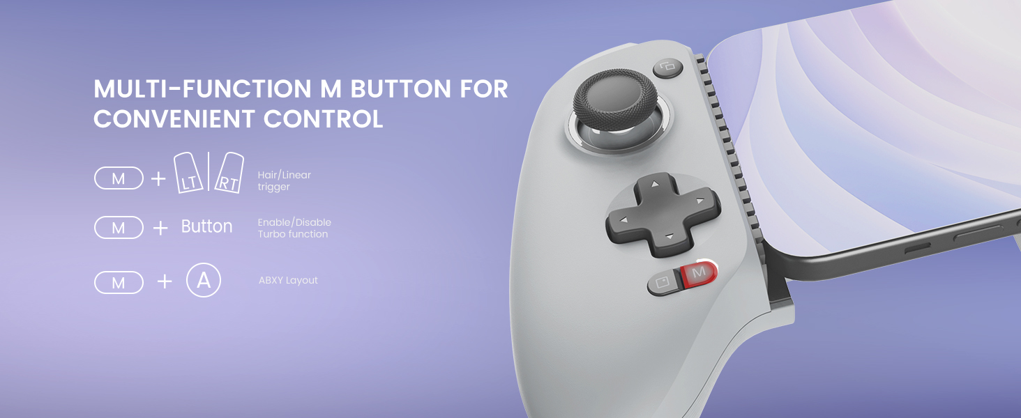 Close-up of a white gaming controller with multi-function M button. Text describes button functions for convenient control.