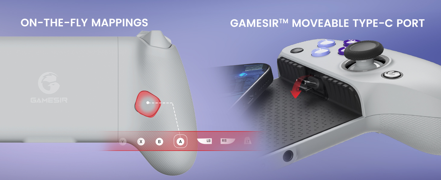 Gaming controller setup showing on-the-fly mapping features and moveable Type-C port against purple background.