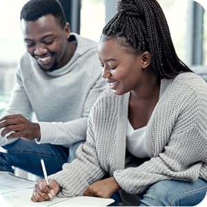 Photo of couple, smiling, writing