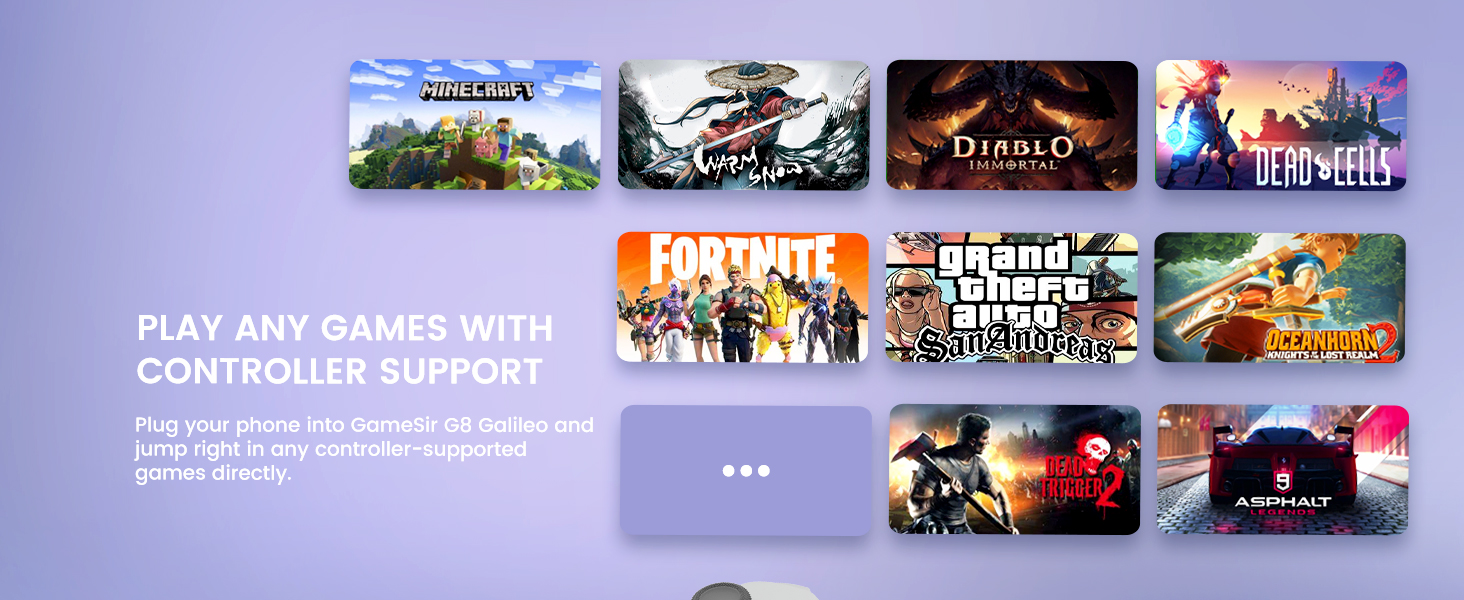 Grid of video game cover art including Minecraft, Fortnite, and GTA V. Text promotes controller support for various games.