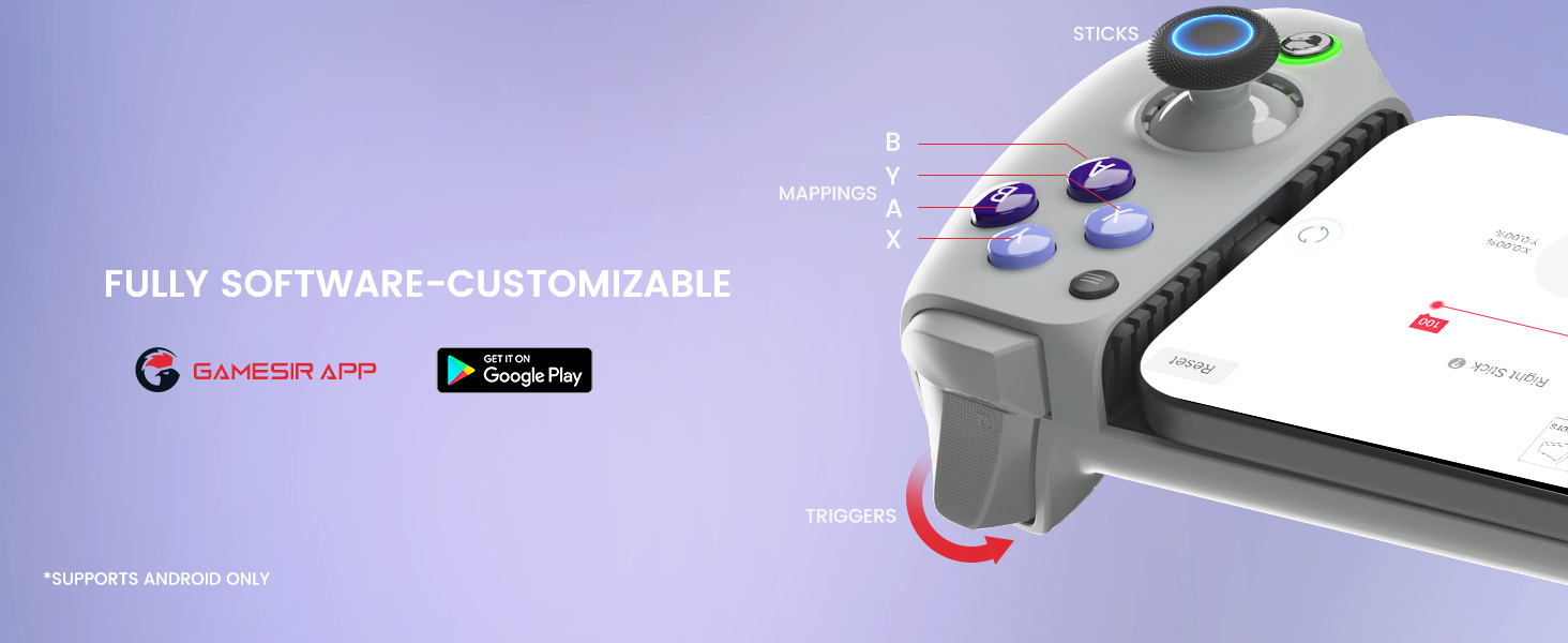 White gaming controller with colorful illuminated buttons. Text mentions 'Fully Software-Customizable' and shows app store icons.