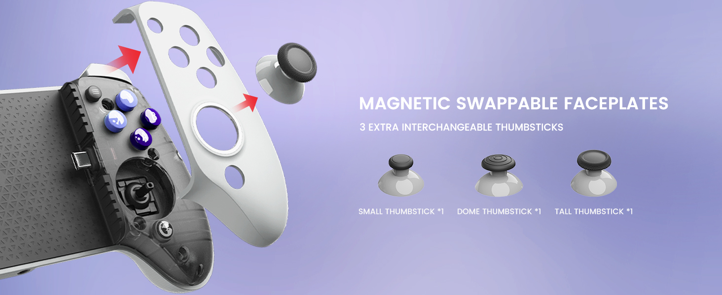 Gaming controller with magnetic swappable faceplates. Exploded view shows three interchangeable faceplate options and a central joystick component.